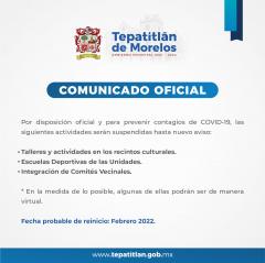 Suspensión temporal de actividades culturales y deportivas en el Municipio de Tepatitlán de Morelos