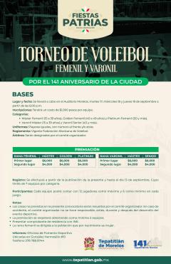 Convocatoria Torneo de Voleibol Femenil y Varonil conmemorando el 141 aniversario del título de Ciudad