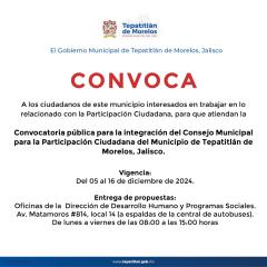 Convocatoria pública para la integración del Consejo Municipal para la Participación Ciudadana del Municipio de Tepatitlán de Morelos, Jalisco