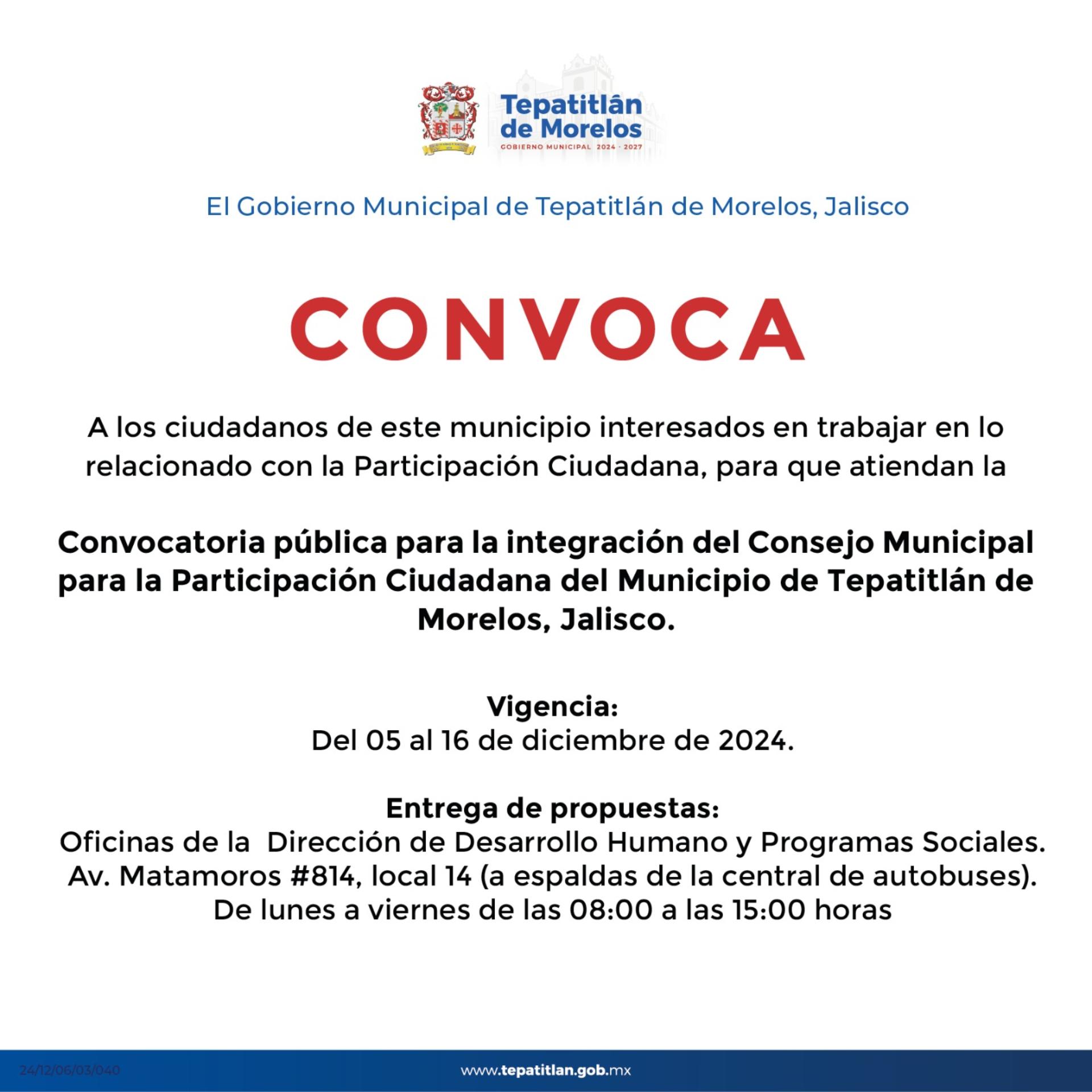 Convocatoria pública para la integración del Consejo Municipal para la Participación Ciudadana del Municipio de Tepatitlán de Morelos, Jalisco