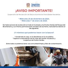 Suspensión de recolección de basura durante Festividades Navideñas