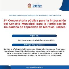 Segunda Convocatoria pública para la integración del Consejo Municipal para la Participación Ciudadana de Tepatitlán de Morelos, Jalisco.