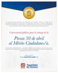 Convocatoria pública para la entrega de la Presea 30 de abril al Mérito Ciudadano/a